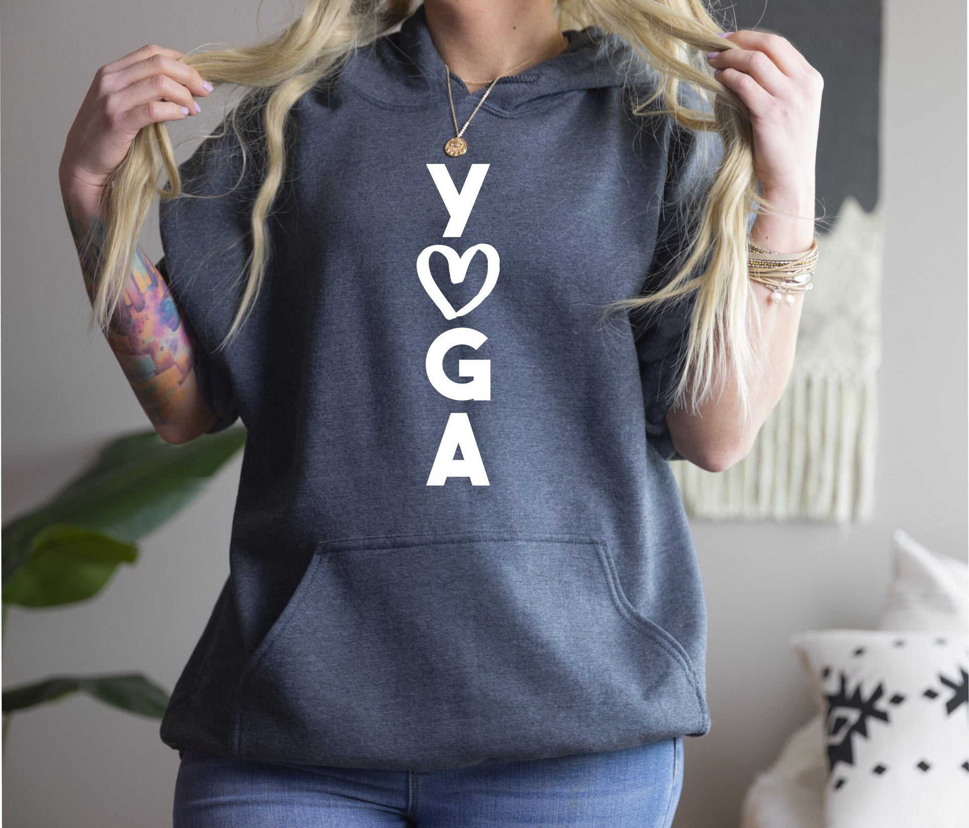 Love Yoga hoodie in soft warm fleece fabric for studio and everyday wear in grey