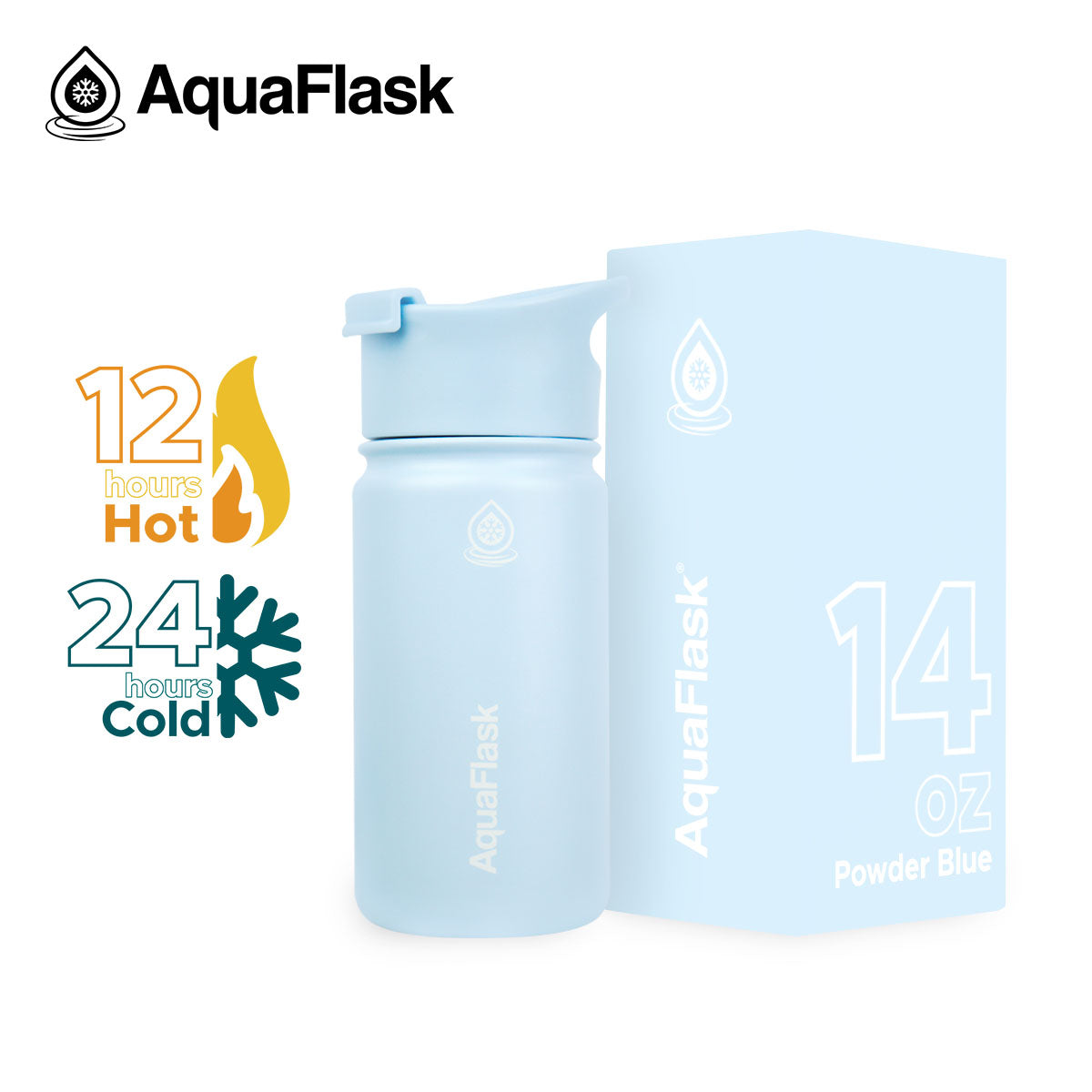 blue AquaFlask Original 415ml close-up showing lid and stainless steel body