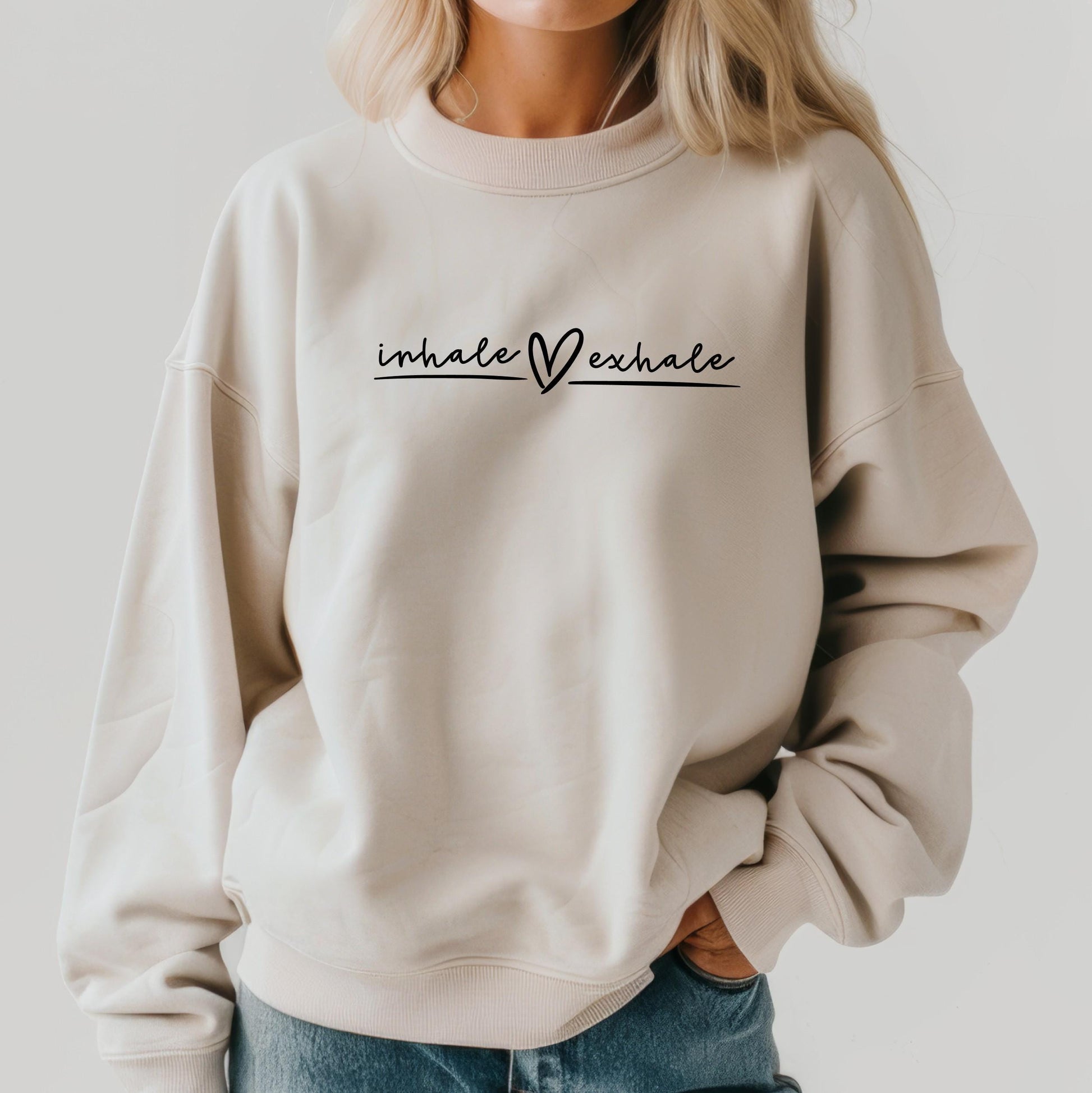 Calming "Inhale Exhale" sweatshirt for mindful and breath-focused women in beige