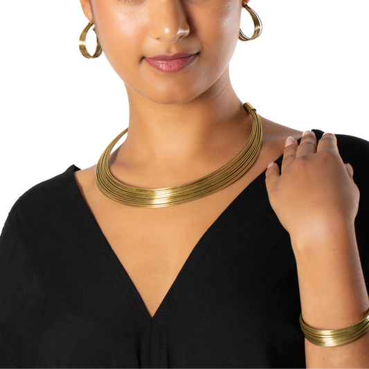 Gold multi strand wire metal collar necklace Bali handmade on woman