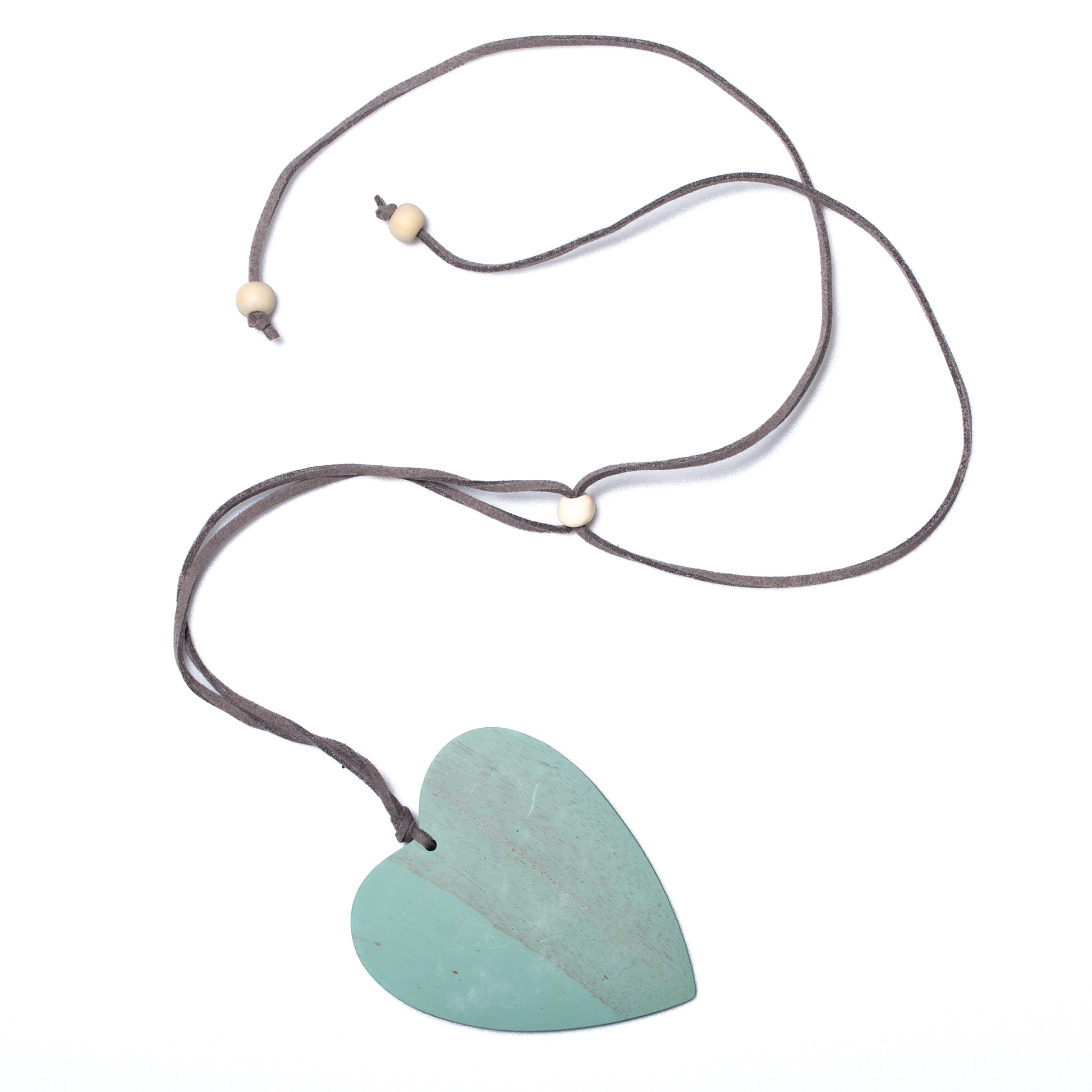 Pale blue wood heart necklace — ethically made artisan jewelry from Bali