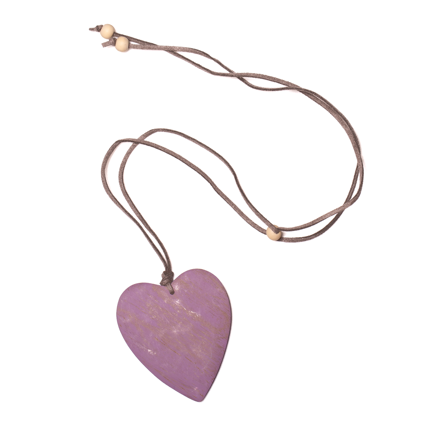 Purple tinted wood heart necklace — handmade bohemian pendant jewelry