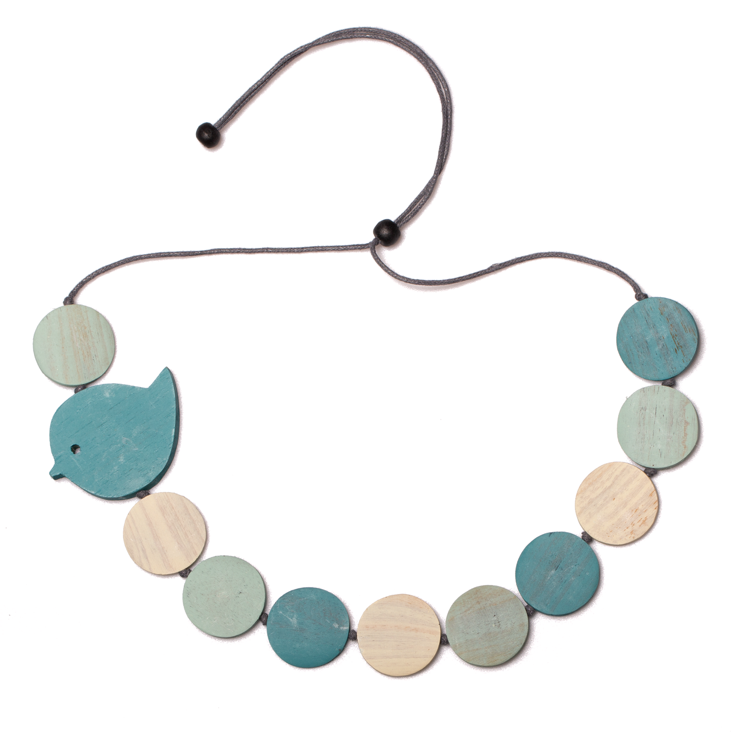 Artisan wooden bird disc charm necklace Bali style baby blue
