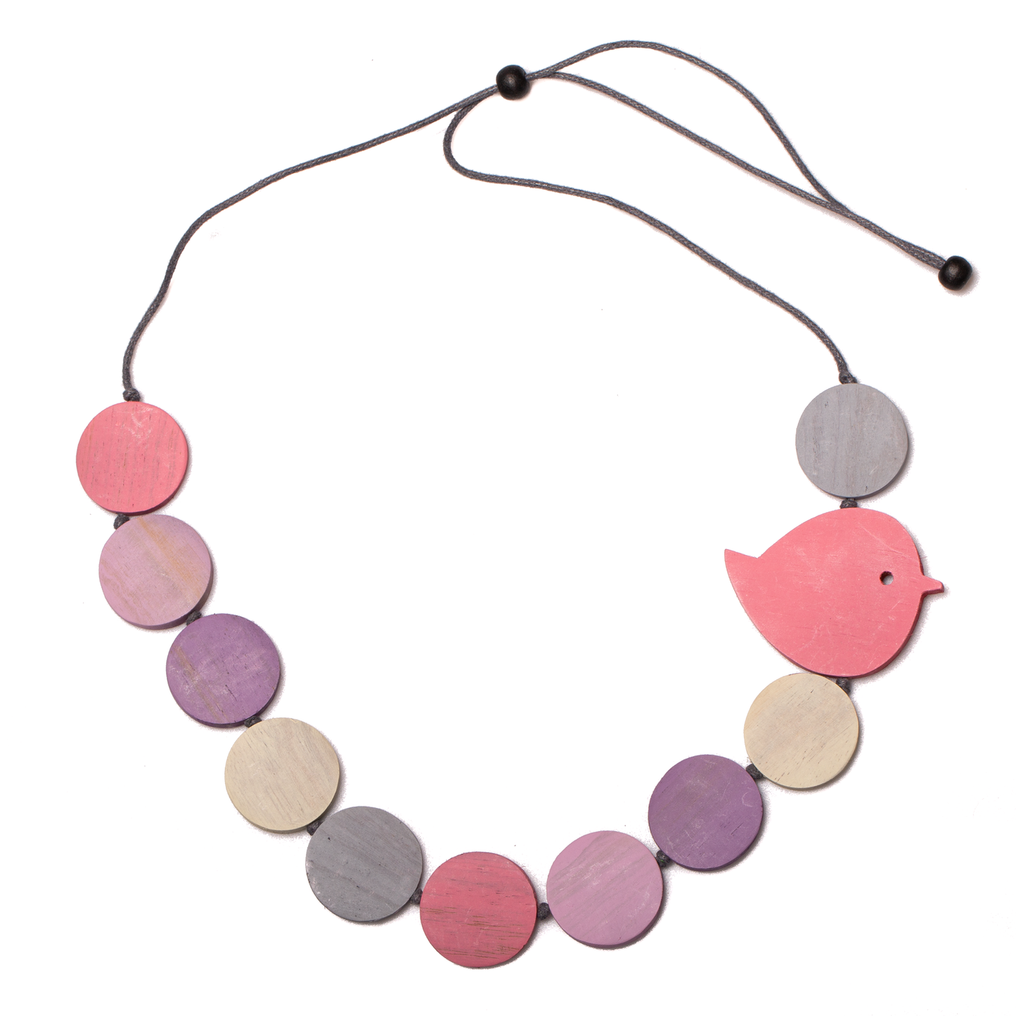 Nature-inspired fat bird wood disc necklace boho artisan purple pink