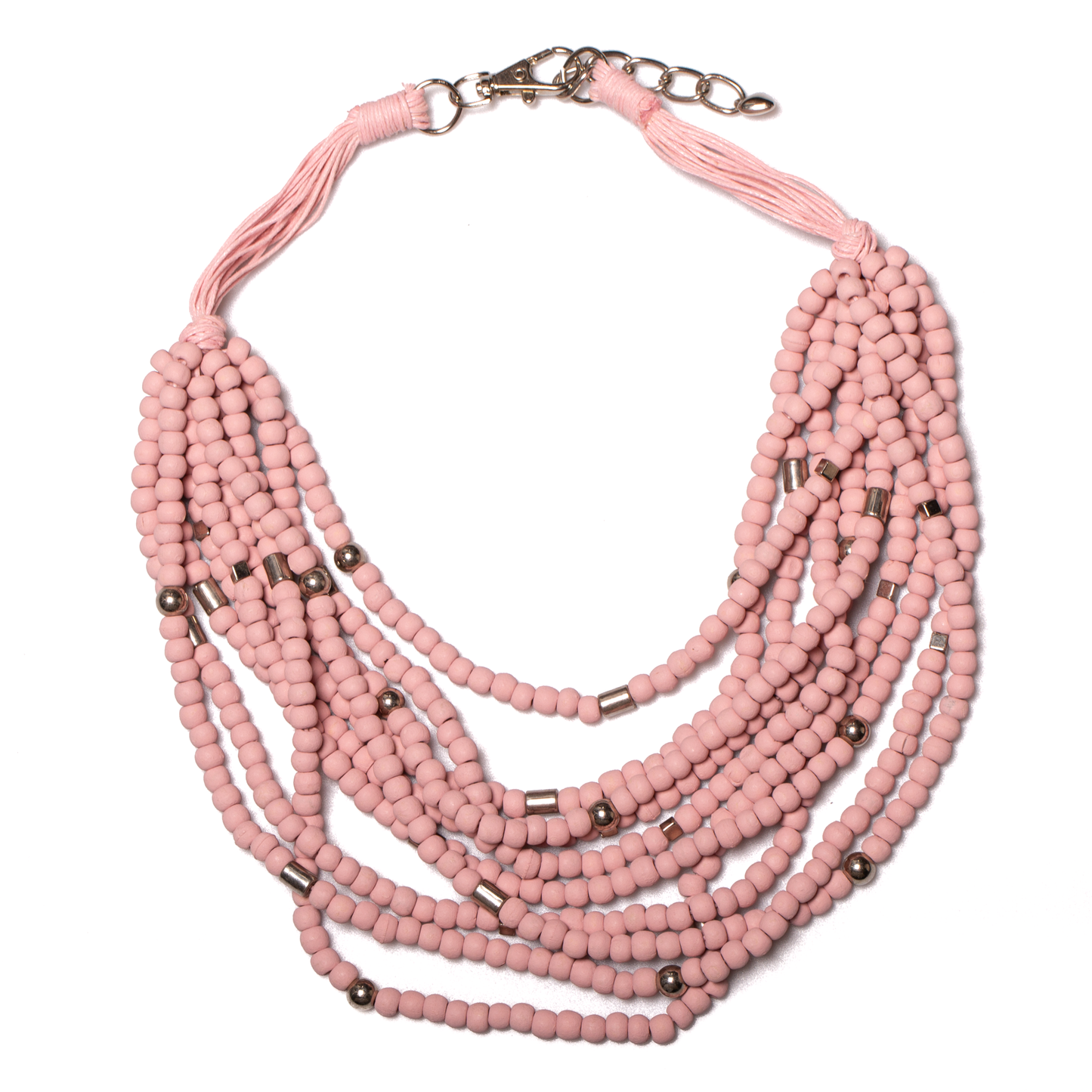 Layered wood bead statement necklace bohemian artisan jewelry pink