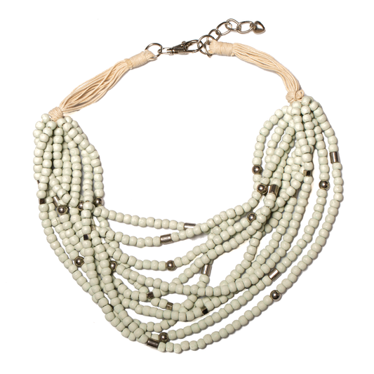 Chunky multi strand wooden bead necklace Bali handmade boho jewelry white