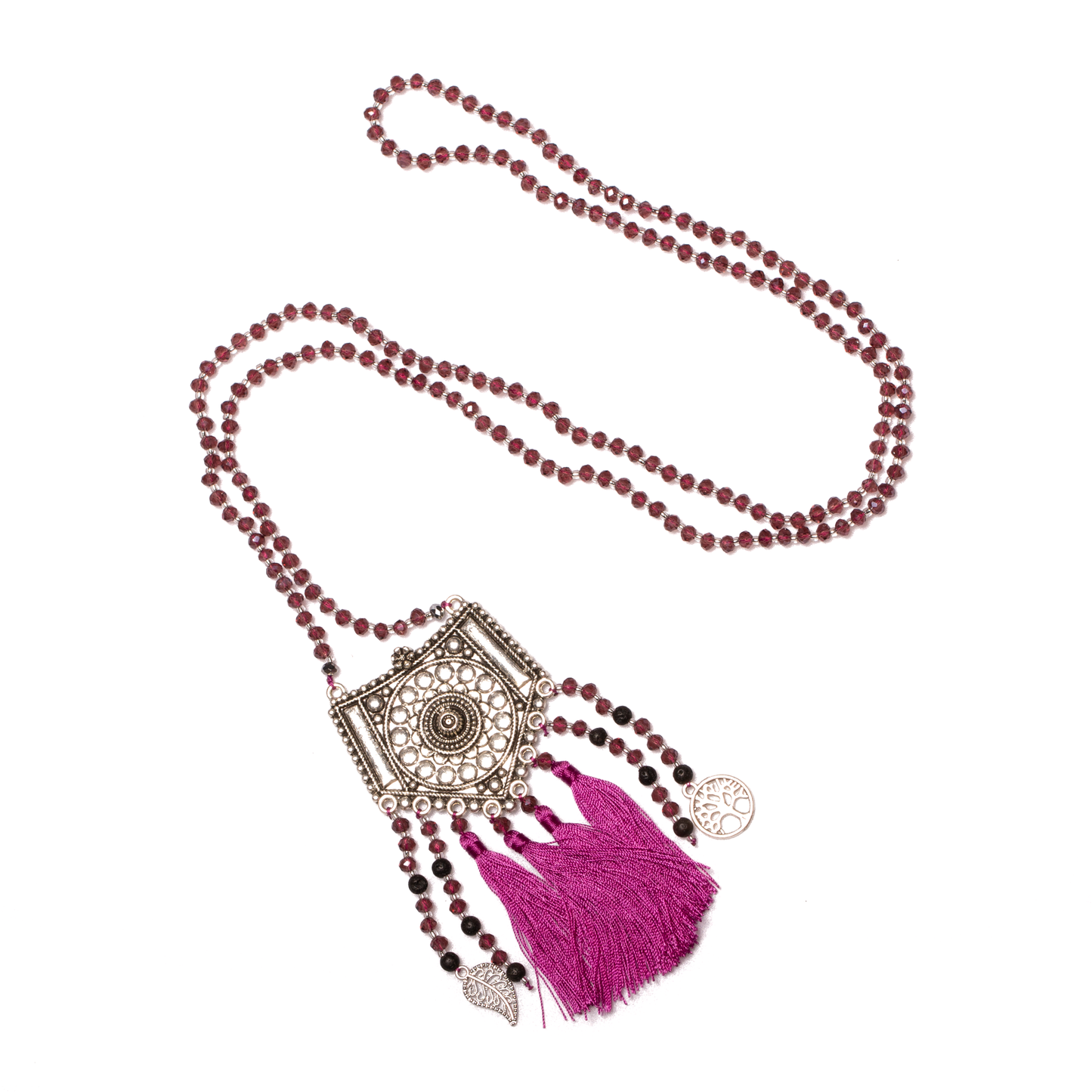 Crystal and patterned metal pendant long necklace boho artisan jewelry pink