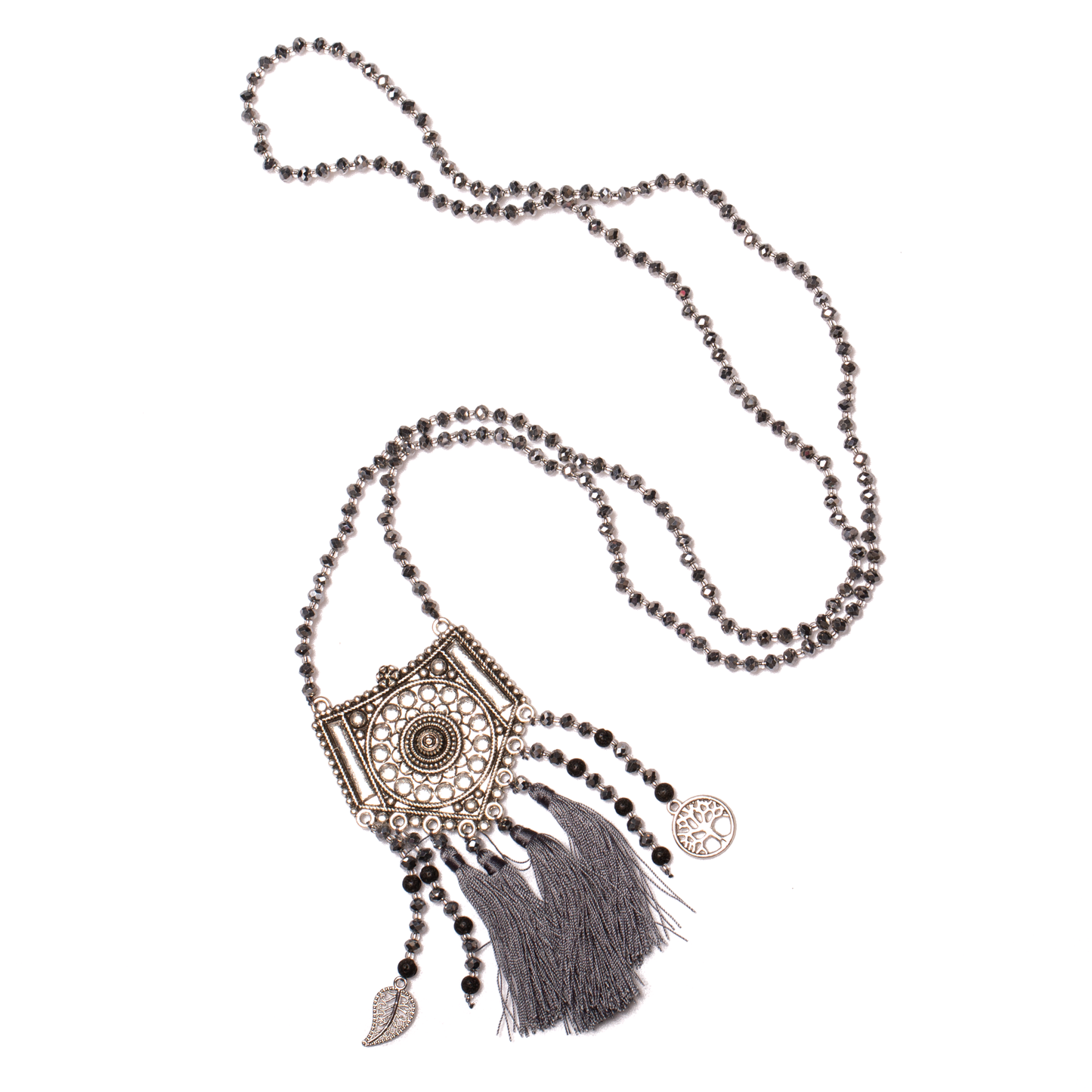 Long crystal necklace with patterned metal pendant Bali handmade grey