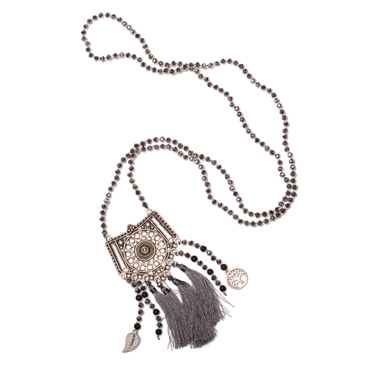 Long crystal necklace with patterned metal pendant Bali handmade grey
