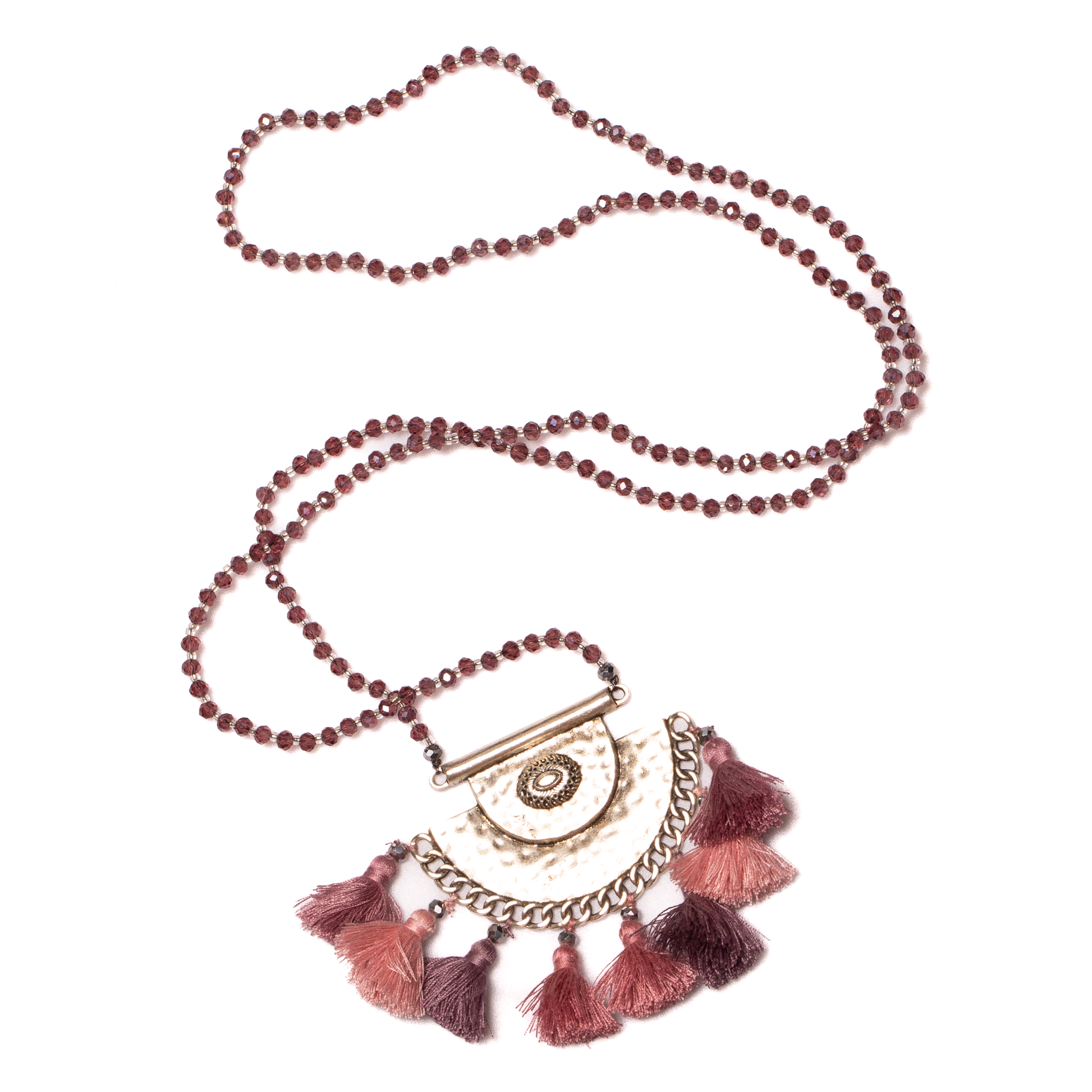 Crystal and hammered metal pendant long necklace boho artisan jewelry purple pink