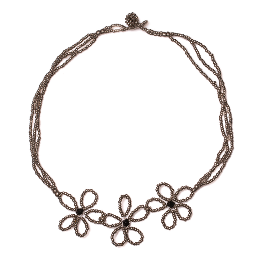 Beaded flower necklace Bali handmade boho artisan jewelry purple