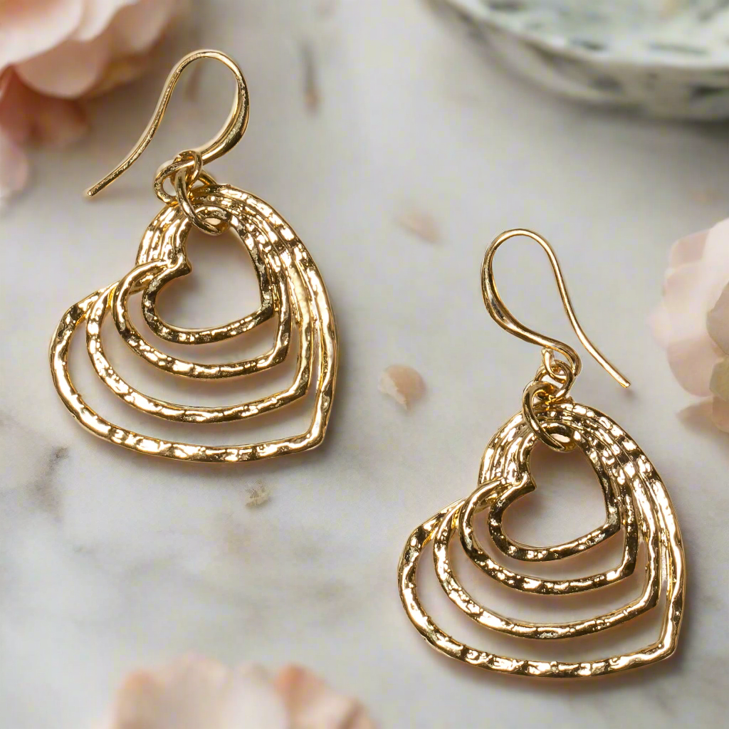 hand hammered gold plate stacked open heart earrings layered romantic jewelry