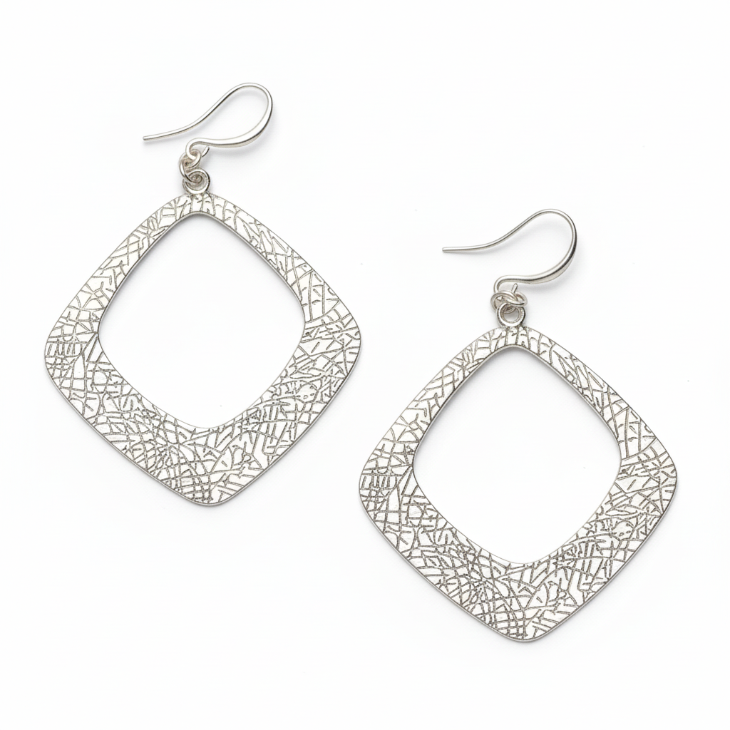 Silver plate textured diamond shaped drop earrings geometric jewelry handmade in Bali Indonesia