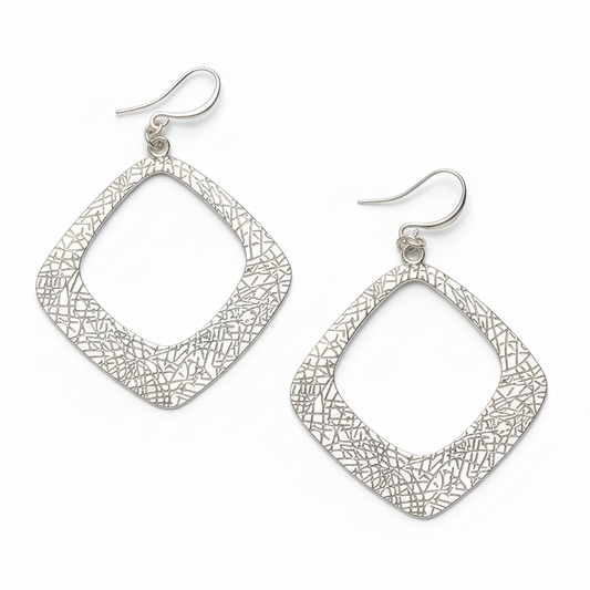 Silver plate textured diamond shaped drop earrings geometric jewelry handmade in Bali Indonesia