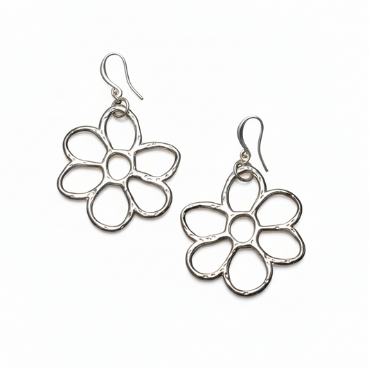 Silver plate open flower drop earrings boho floral jewelry handmade in Bali