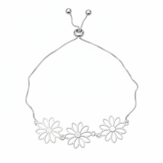 Silver triple flower bracelet Bali handmade boho floral jewelry