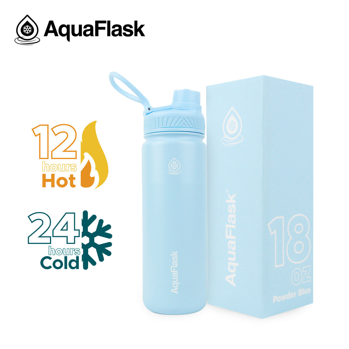 blue AquaFlask Original 18oz showing durable powder coat and stainless finish