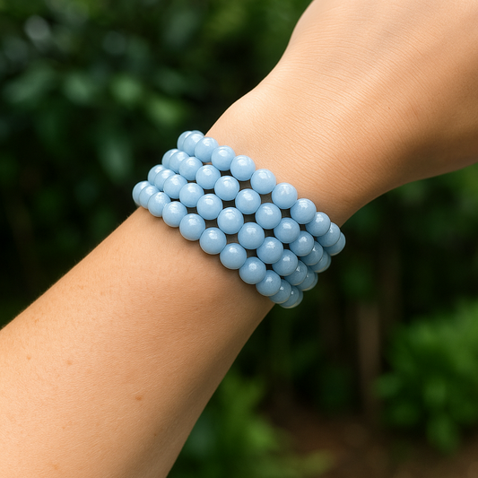 Blue Chalcedony gemstone bracelet for women — crystal bead bracelet for emotional resilience and calm