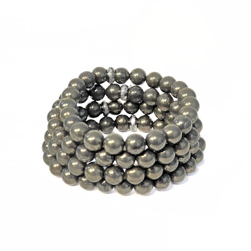 Pyrite crystal bracelet close-up — metallic gold gemstone bead bracelet handcrafted in Canada