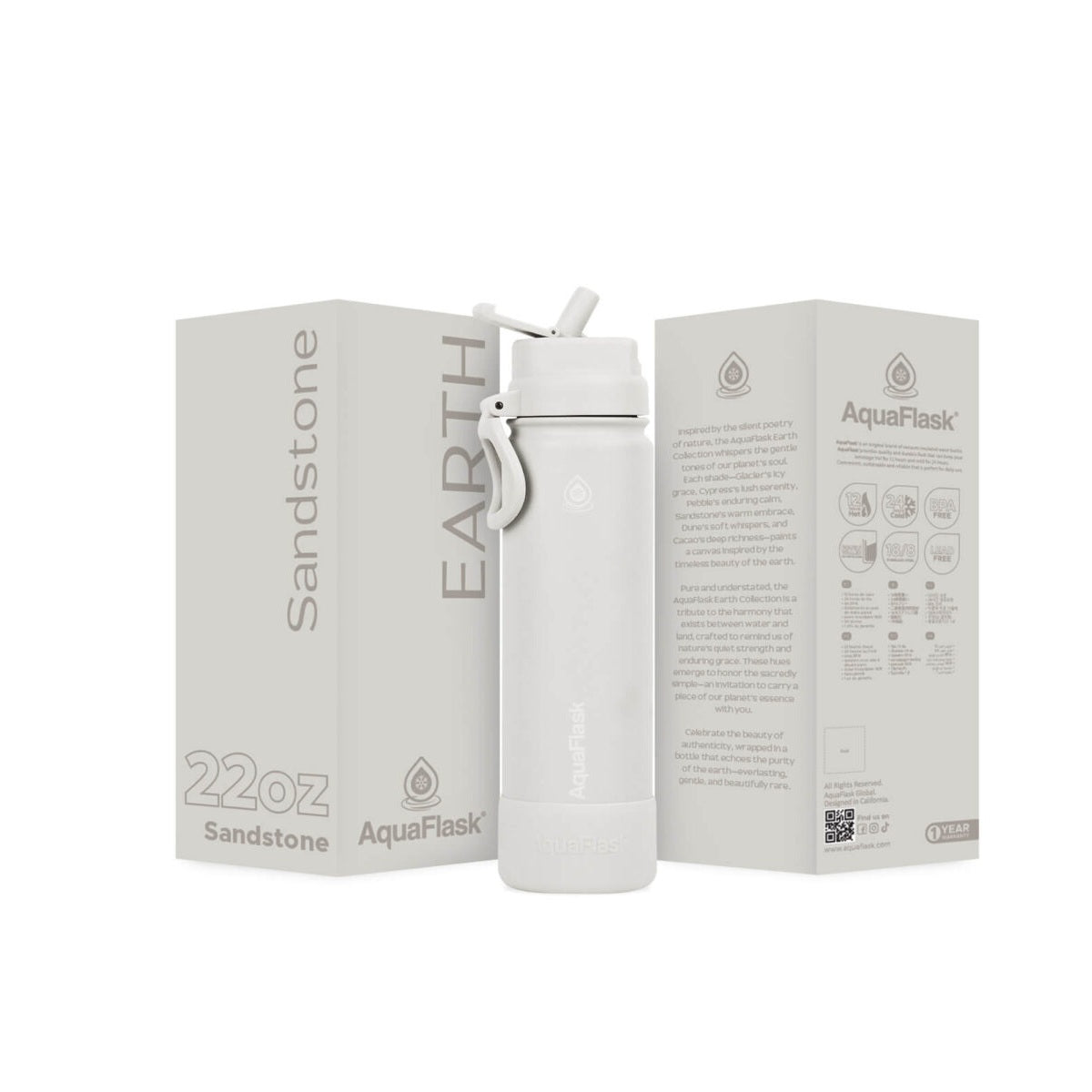 white AquaFlask Earth 22oz bottle held outdoors in natural setting