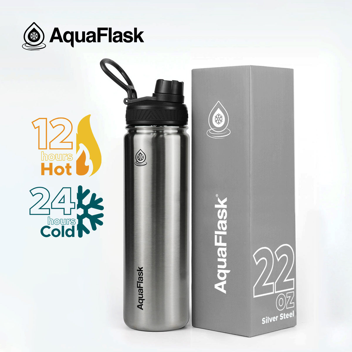 silver AquaFlask Original 22oz held in hand showing perfect everyday carry size