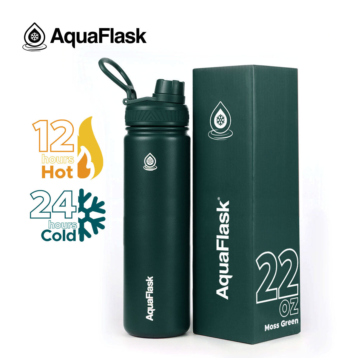 moss AquaFlask Original 650ml in lifestyle setting for travel and adventure