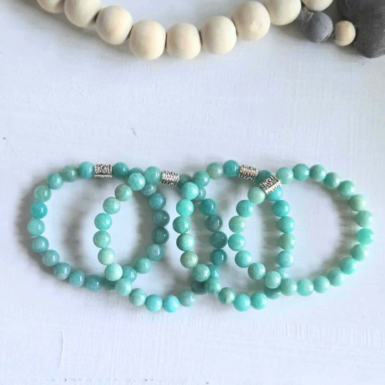 Amazonite crystal bracelet close-up — teal green gemstone bracelet for women
