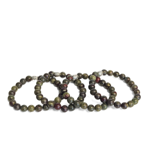 Dragons Blood Jasper gemstone bracelet close-up — bold green and red stone bracelet for women