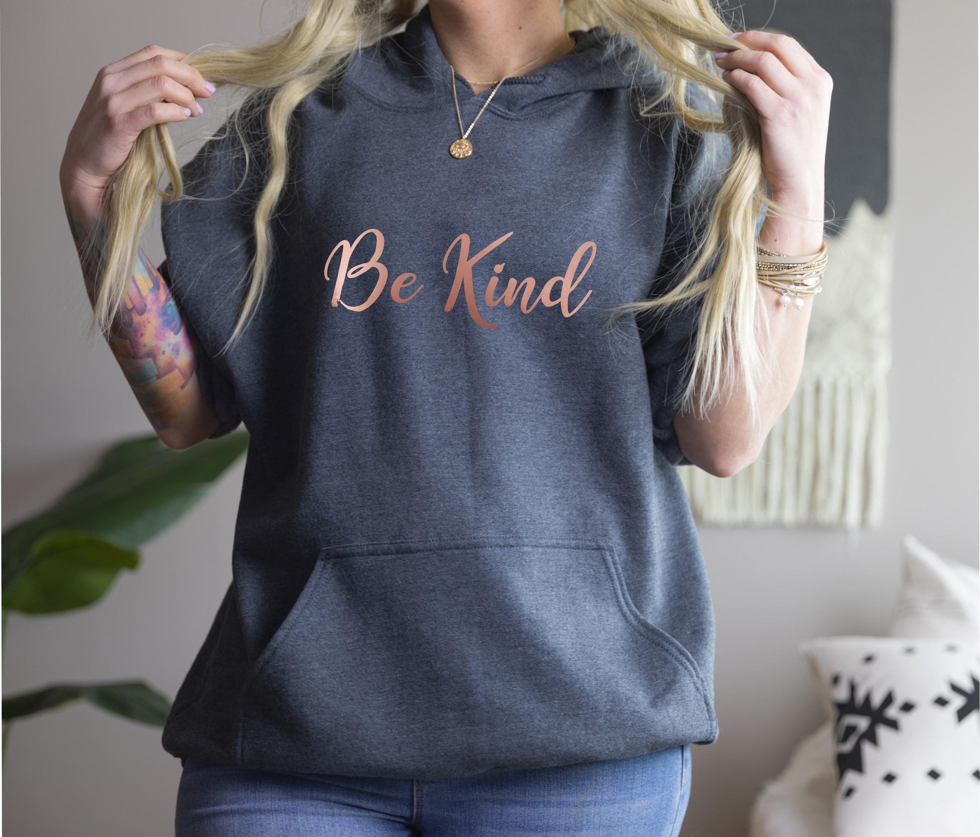 Dark heather grey Be Kind hoodie with rose gold print — meaningful gift for her, perfect for birthdays, holidays, or anyone who believes kindness is a superpower