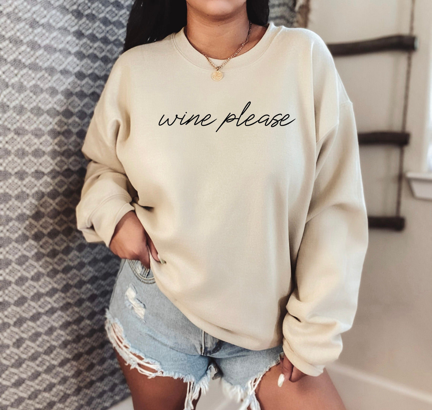 Relatable wine lover's sweatshirt as a perfect gift for wine enthusiasts in sand beige