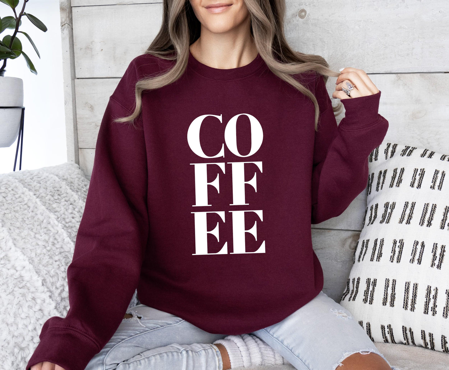 COFFEE sweatshirt in soft cozy fleece fabric for casual everyday wear in maroon
