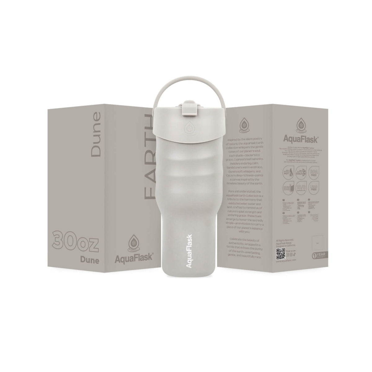 grey AquaFlask Earth 30oz close-up showing handle and leak-proof lid detail