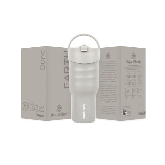 grey Eco-inspired AquaFlask Earth Collection 30oz insulated tumbler with carry handle