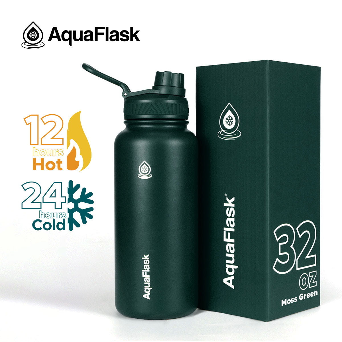 dark green AquaFlask Original 935ml in lifestyle setting for travel and adventure
