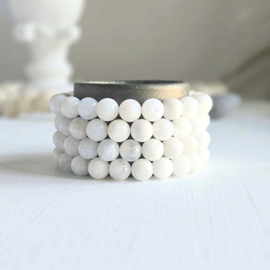 Moonstone gemstone bracelet for women — white crystal bead bracelet for new beginnings and intuition