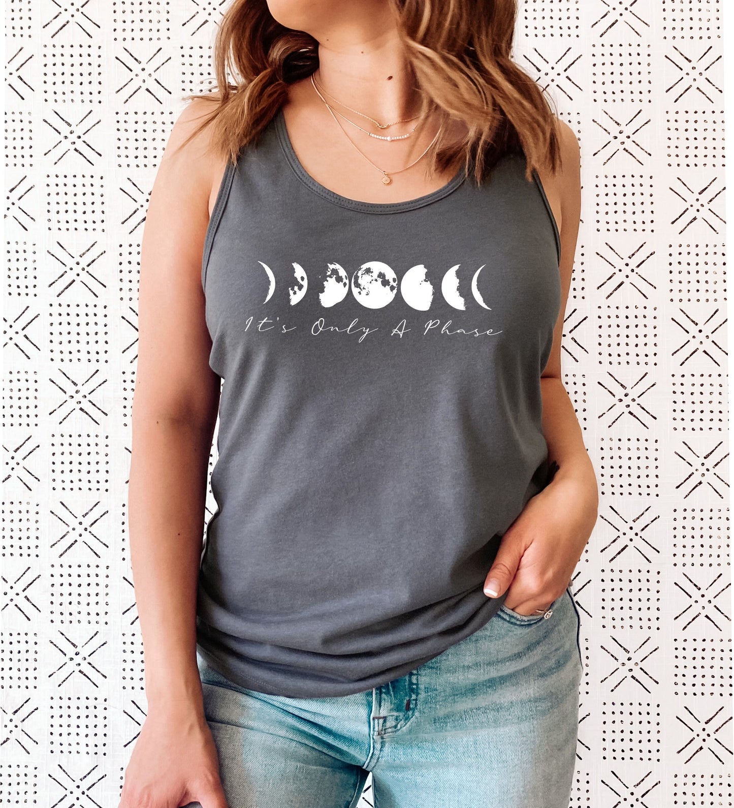 Celestial women's tank top for moon lovers, yogis and spiritual souls in grey