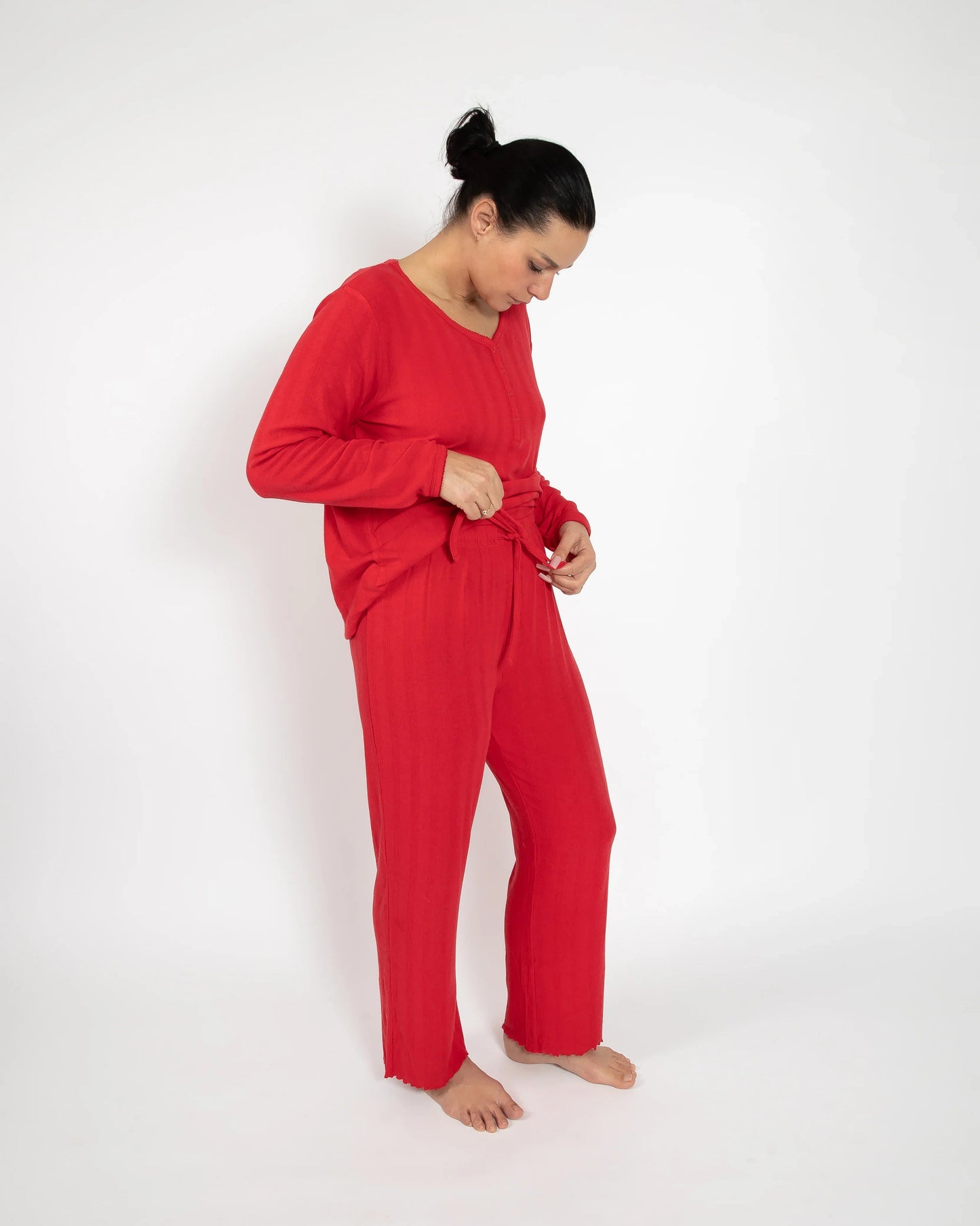 Ribbon Red Pointelle Bamboo Pajama Set — Long Sleeve & Pants