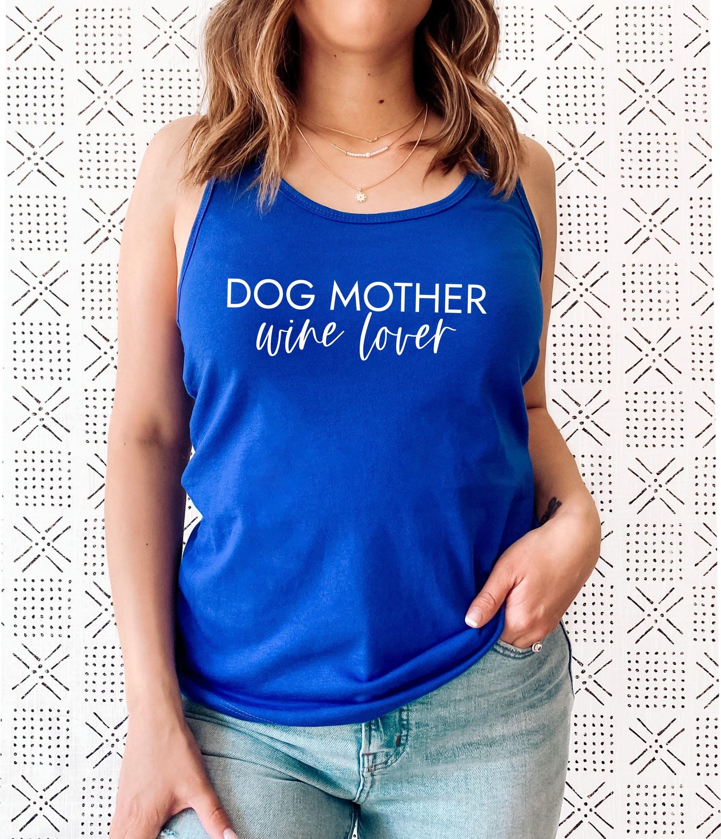Women's funny dog mom racerback tank with witty and relatable graphic print in blue