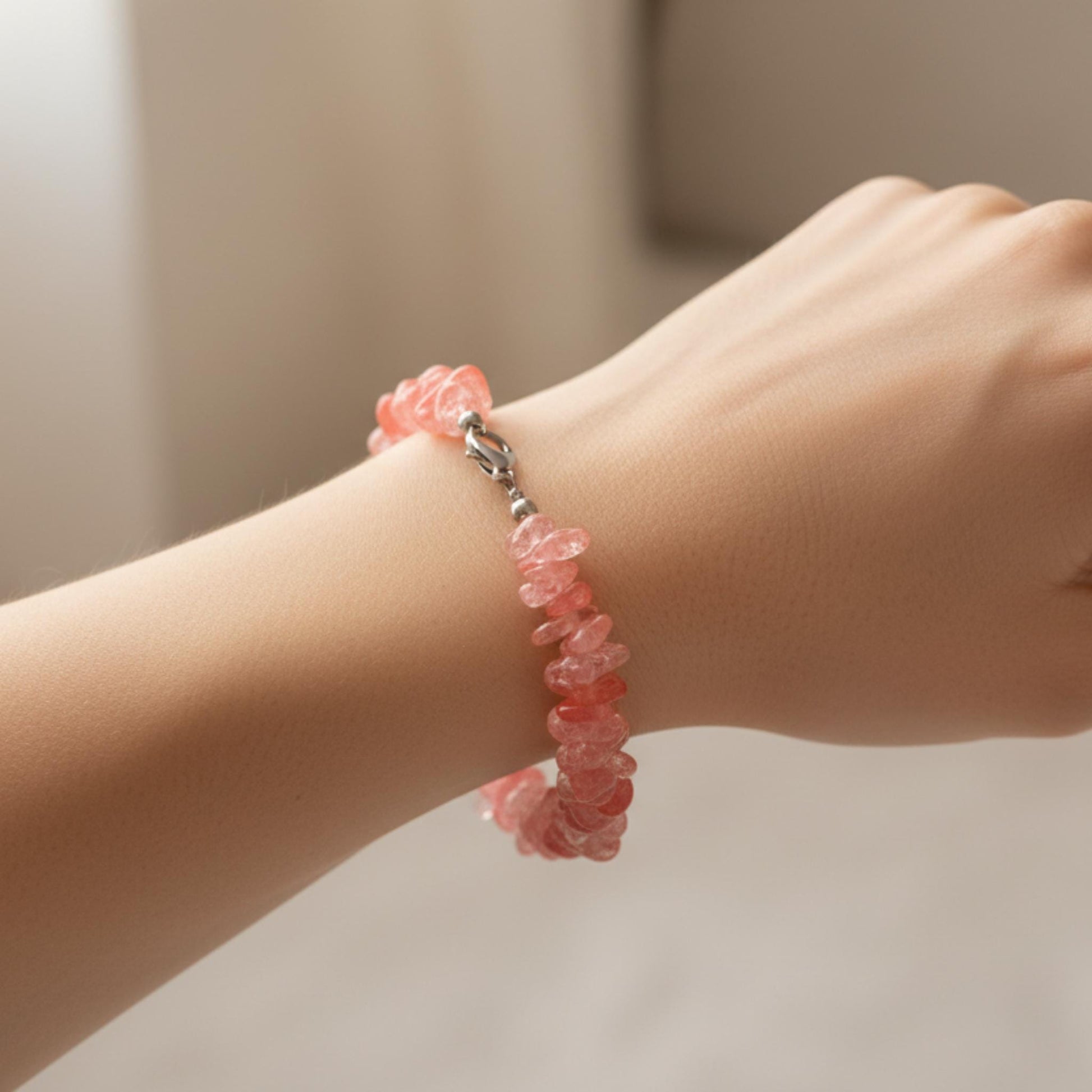 Handmade Cherry Quartz bracelet with lobster clasp — Reiki infused pink crystal jewelry for joy, compassion, and positivity