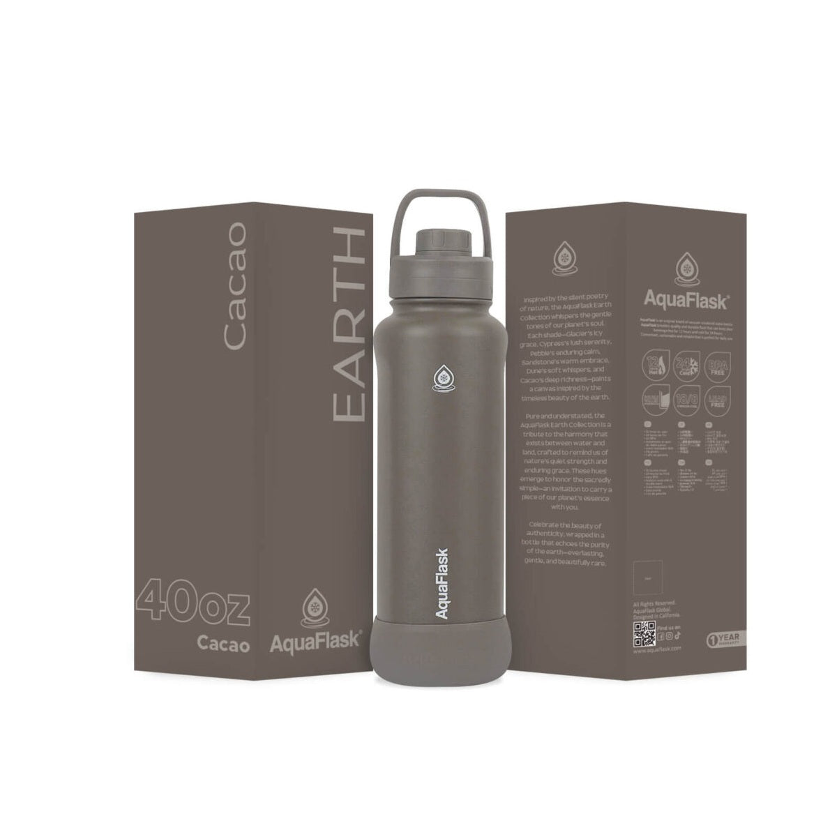AquaFlask Earth Collection 40oz for hiking, travel and everyday hydration grey
