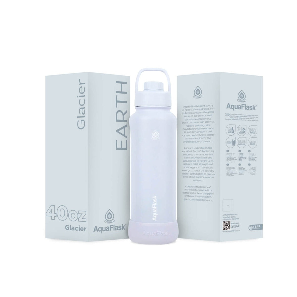 Eco-inspired AquaFlask Earth Collection 40oz insulated stainless steel water bottle white