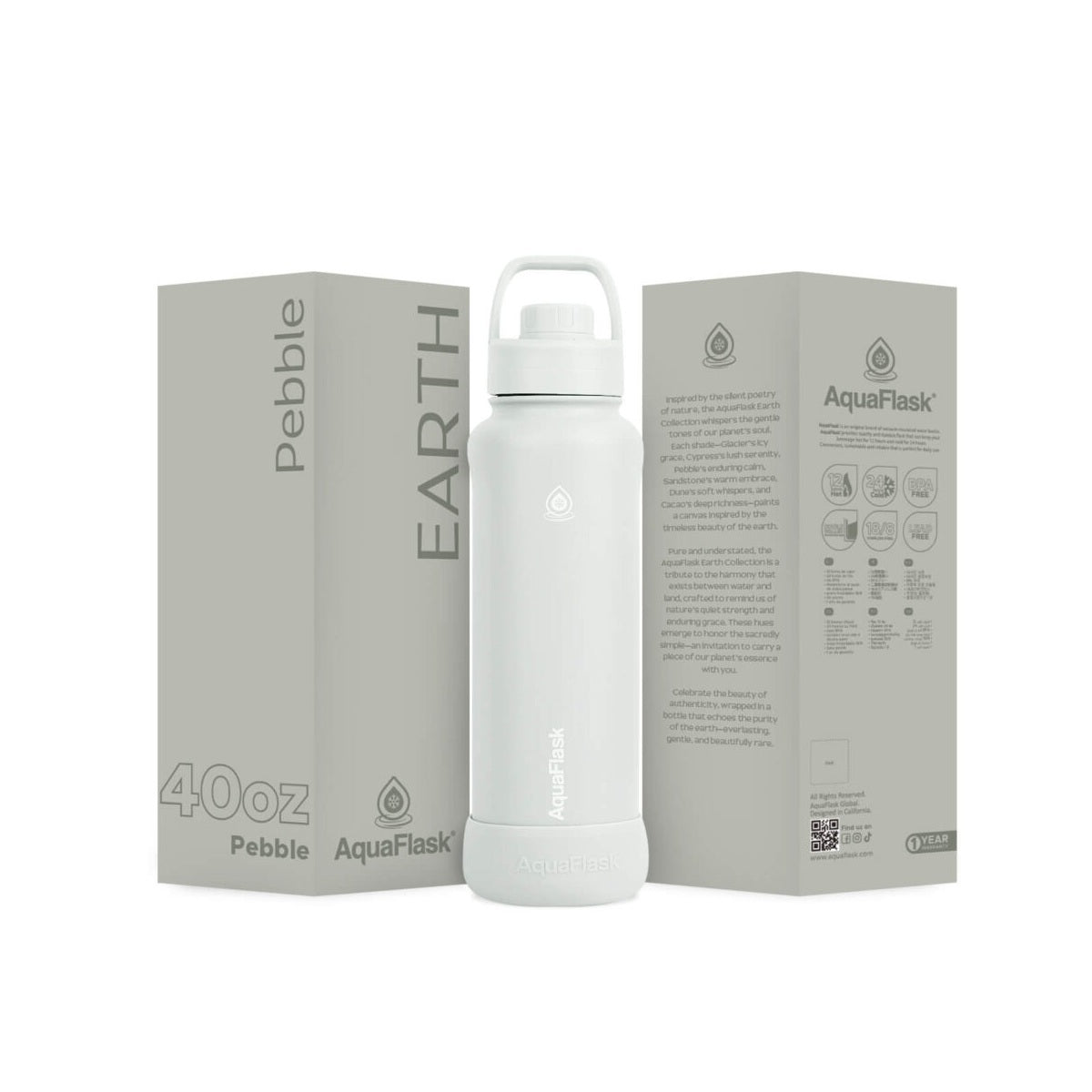 white AquaFlask Earth Collection insulated bottle for outdoor adventure and travel