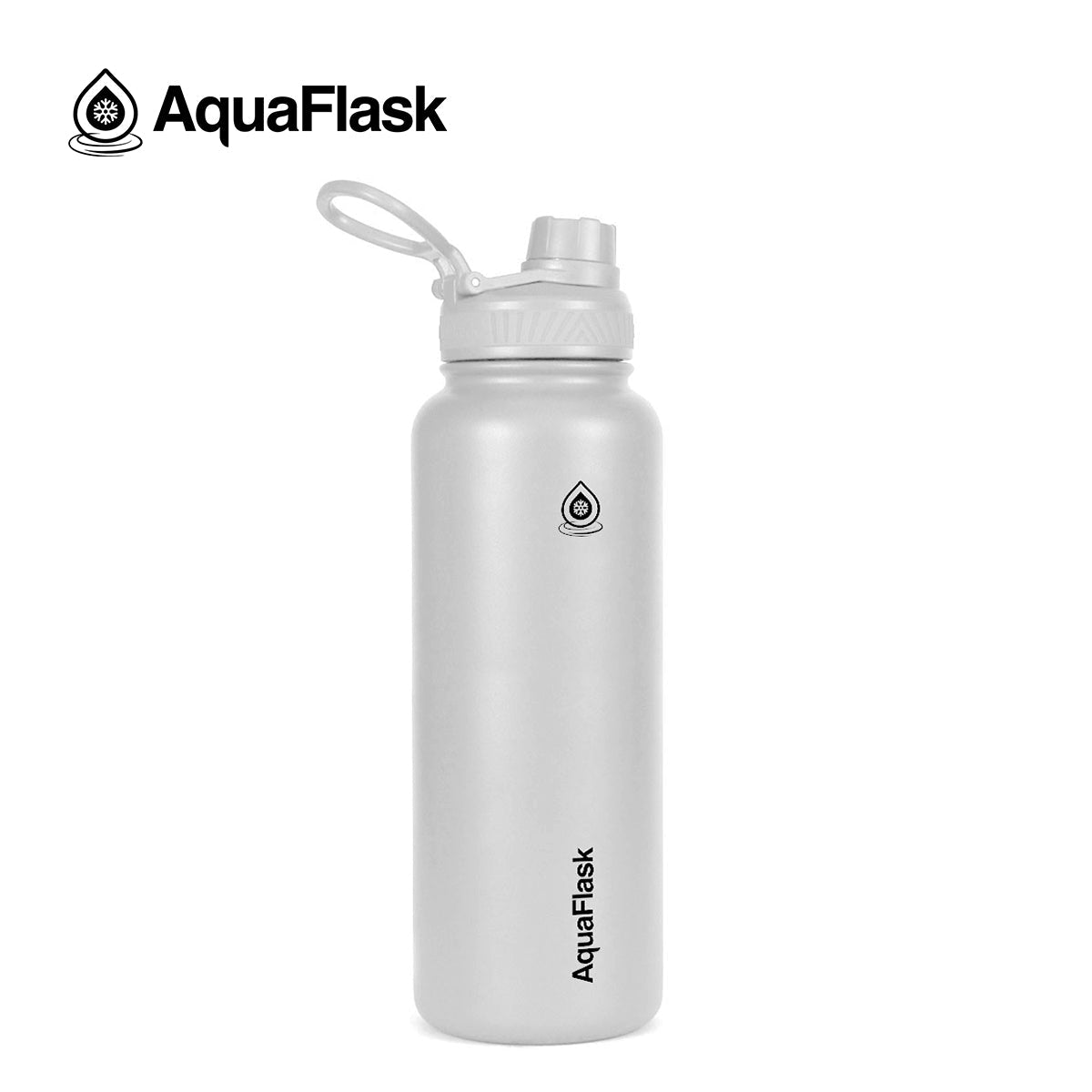 white AquaFlask Original 40oz showing flip lid and carry loop detail