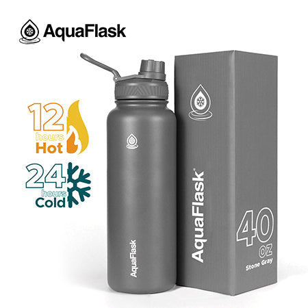 grey AquaFlask Original 40oz held in hand showing ideal all-day carry size