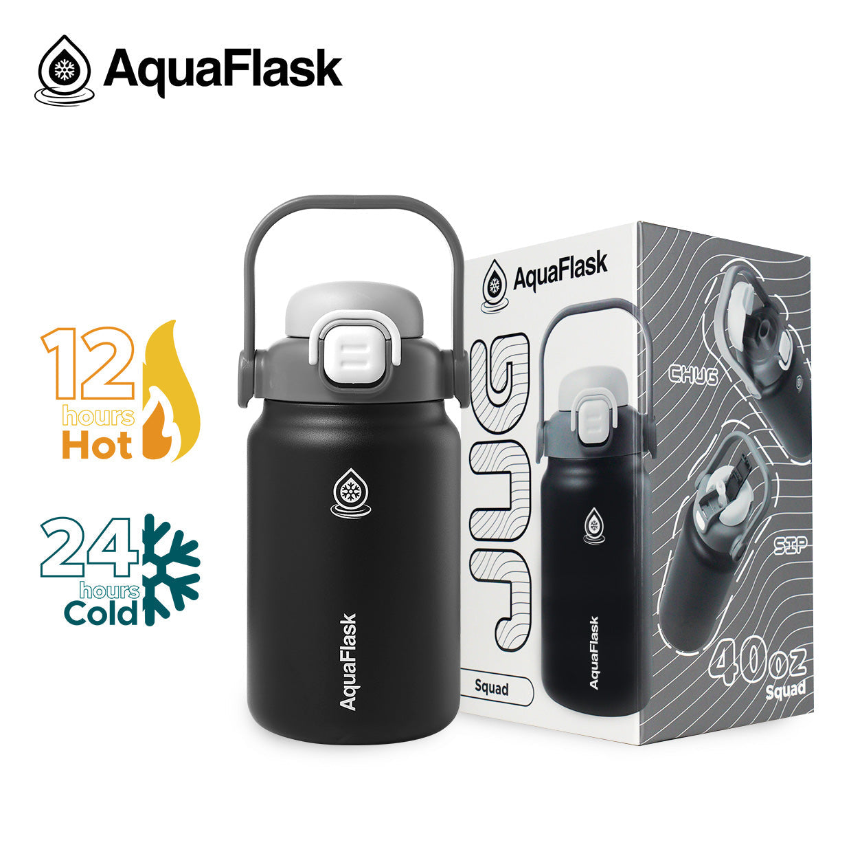 black AquaFlask Jug 40oz showing leak-proof seal and lid mechanism