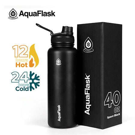 black AquaFlask Original 1080ml close-up showing lid and stainless steel body