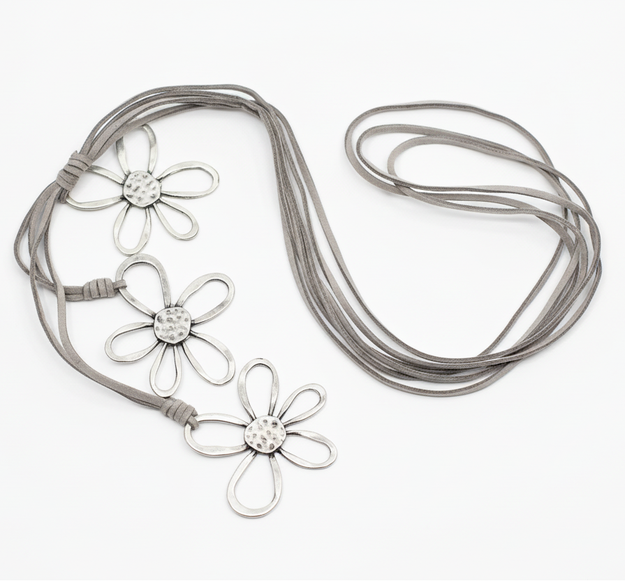 Handmade silver flower suede cord necklace bohemian artisan jewelry