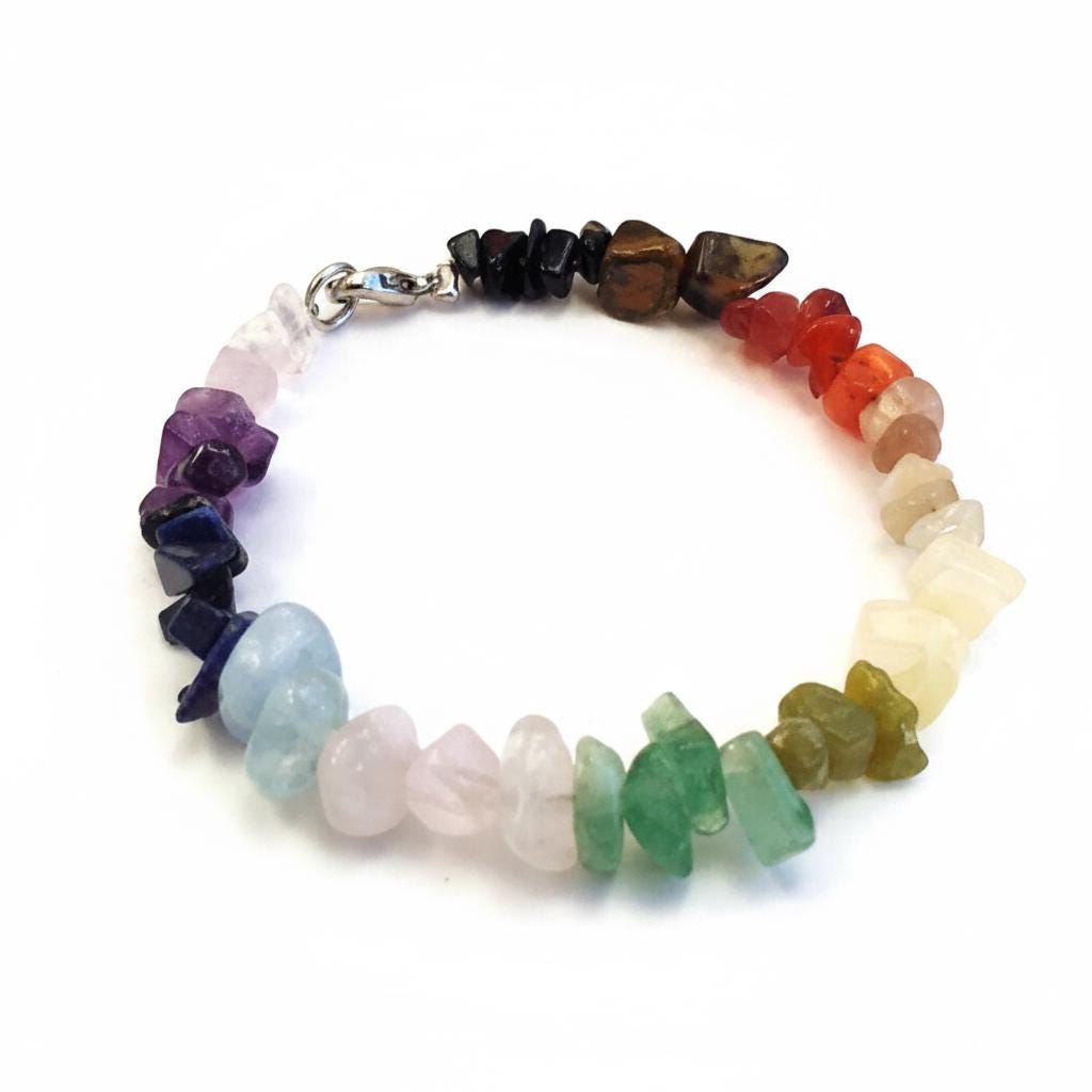 7 Chakra crystal chip bracelet with 12 genuine healing gemstones for full chakra alignment — ethically sourced spiritual jewelry