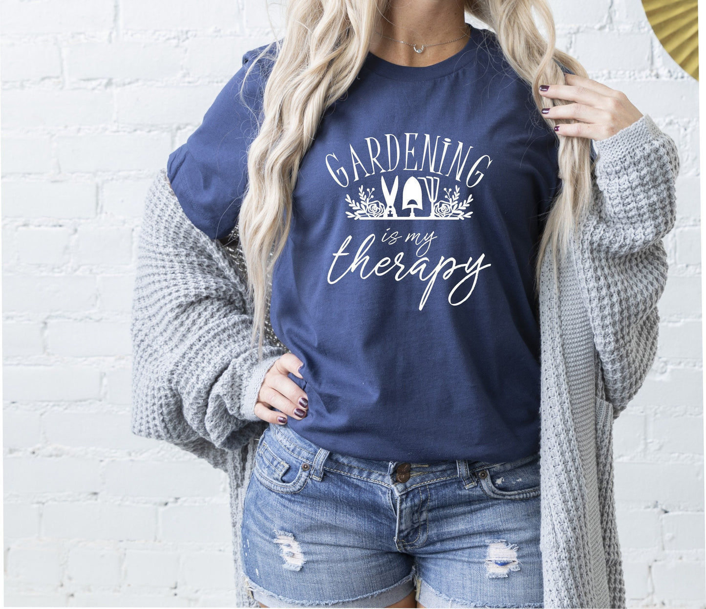 Gardening Is My Therapy t-shirt as a perfect gift for plant moms and gardeners in navy blue