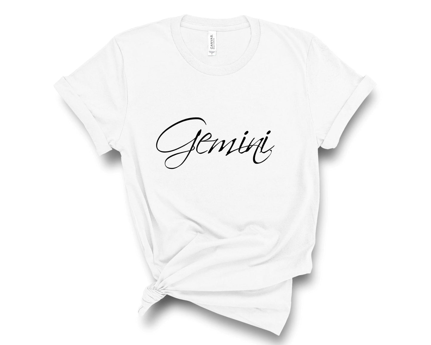 Women's Gemini astrology t-shirt with bold zodiac symbol graphic print in white